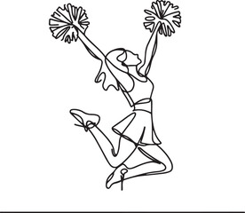 Cheerleader Jumping with Pom-Poms &ndash; Vector Line Art for Digital Designs