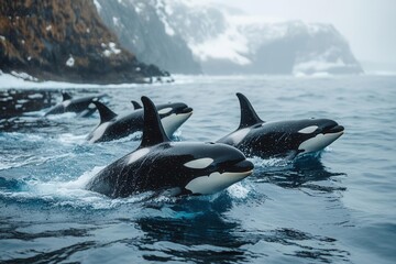 Obraz premium majestic pod of orcas known as killer whales swimming gracefully together in the vast deep blue ocean showcasing their power and beauty as they navigate through the water hunting for prey