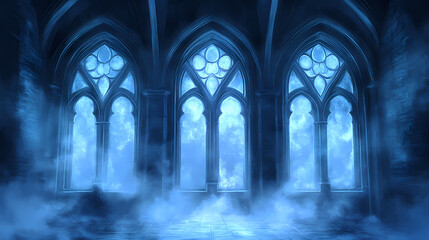 Fototapeta premium Gothic arched windows illuminate a misty interior space. Mystic Arch. Illustration