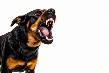 Obraz premium rabid rottweiler barking intensely, threatening posture, visible aggression, front view on white background