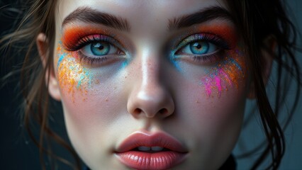 Fototapeta premium Creative experimental makeup featuring vibrant rainbow streaks and blue highlights on a woman, redefining fashion.