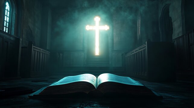 Open Bible with a glowing cross shining light in a tranquil, dark church