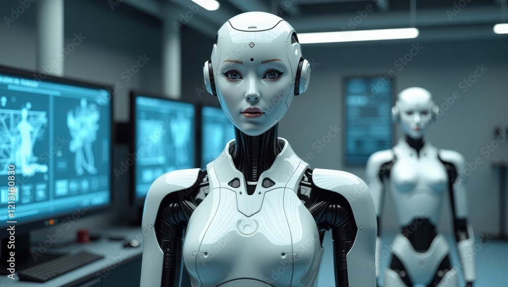 Poster humanoid female robot displays advanced design in a futuristic laboratory setting with high-tech scr