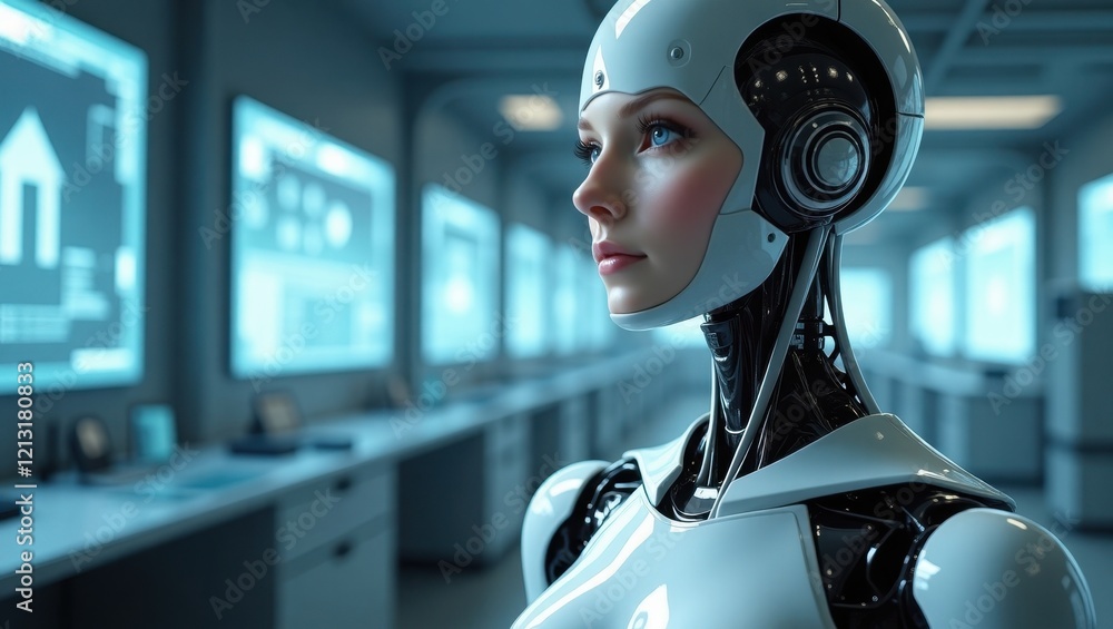 Poster humanoid female robot stands in a modern laboratory environment during a research project focused on