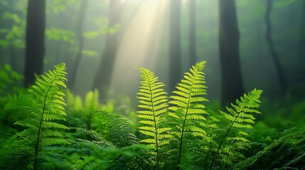 Lush Green Ferns Beautifully Nestled in a Misty Forest Setting, Surrounded by Natures Peaceful Serenity