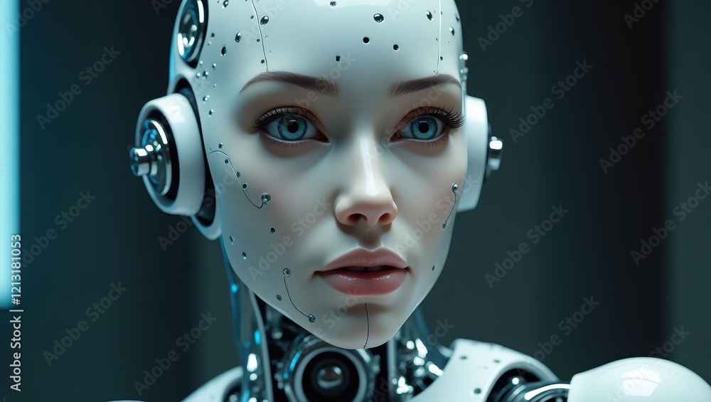 Poster humanoid female robot with intricate facial features and advanced technology in a modern laboratory 