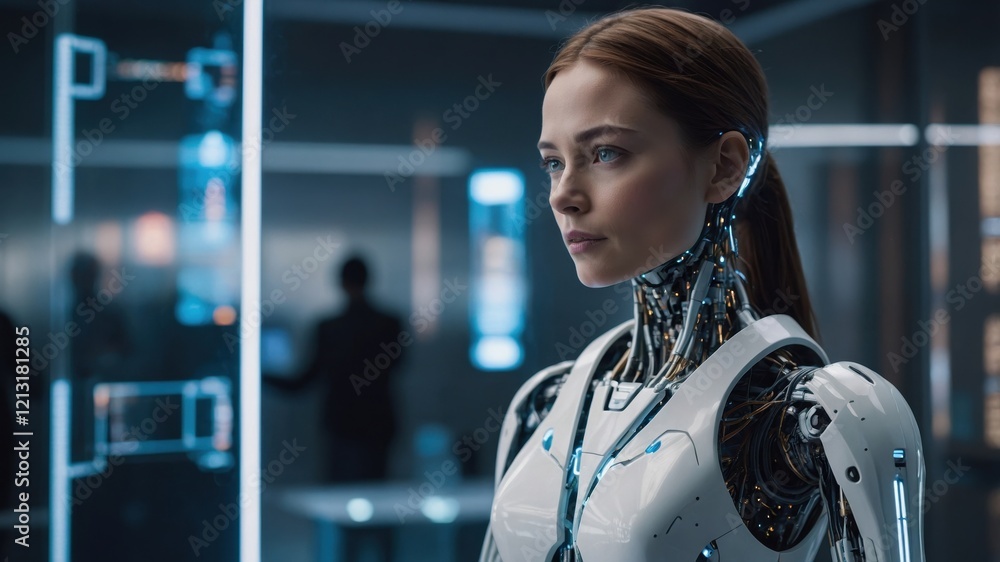 Poster humanoid female robot standing in a modern laboratory environment with advanced technology and data 