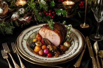 Glazed Ham Christmas Dinner Festive Table Setting