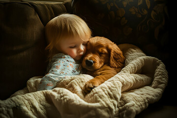 Sweet moment of a child cuddling a golden retriever puppy on a cozy couch during a relaxing afternoon