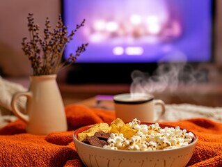 Cozy living room scene with snacks, soft blanket, glowing TV, and warm lighting
