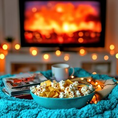 Cozy living room scene with snacks, soft blanket, glowing TV, and warm lighting