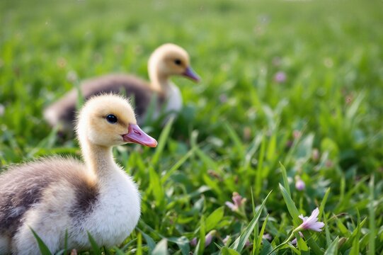 goslings on meadow at a farm