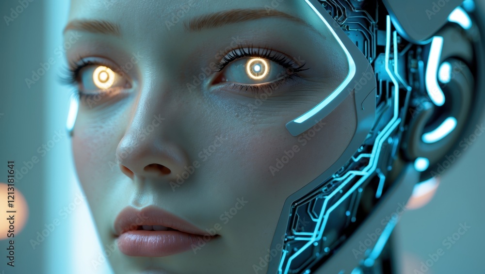 Poster humanoid female robot displays futuristic design in a modern setting with glowing features and intri