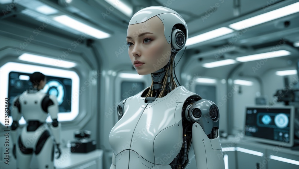 Poster humanoid female robot standing in a modern laboratory setting with advanced technology and research 