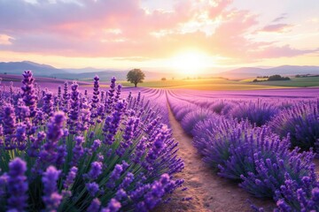 Fototapeta premium Picturesque lavender field vanishing, bright soft light