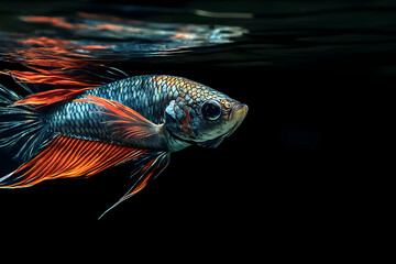 Fototapeta premium Colorful betta fish gracefully swims in a dark aquatic environment showcasing its vibrant fins and scales