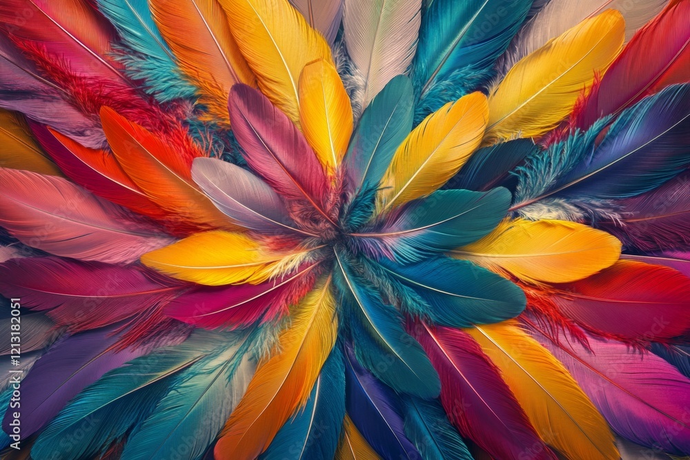 Poster an artistic arrangement of various colorful feathers forms a stunning radial pattern, showcasing vib