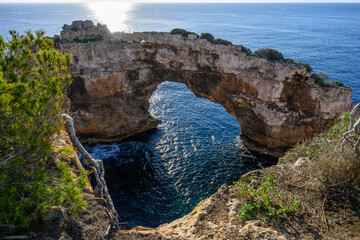 Es Pontas rock gate with a view from a cliff on the island of Majorca