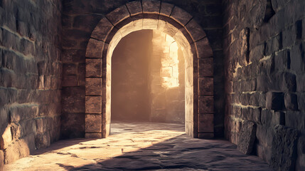 Fototapeta premium Sunlit arched doorway in ancient stone building. Mystic Arch. Illustration