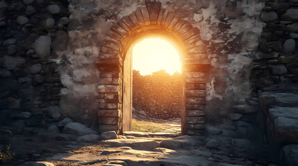 Fototapeta premium Sunlit arched doorway in ancient stone building. Mystic Arch. Illustration