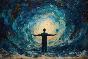 majestic silhouette of a serene figure with outstretched arms surrounded by a swirling blue wave pattern evoking a sense of peace and unity