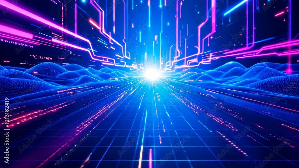 Aufkleber digital technology tunnel with neon lines. abstract futuristic cyber space animation. modern tech ba
