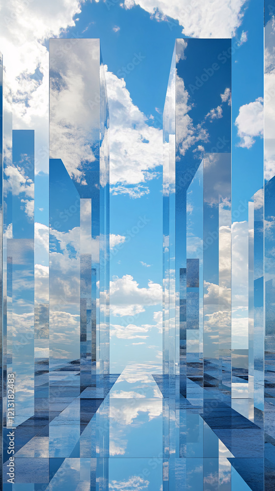 Poster abstract sky reflection in modern glass structures with clear blue clouds