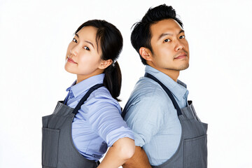 Asian and Hispanic restaurant workers posing back-to-back, grey aprons, blue shirts, white background