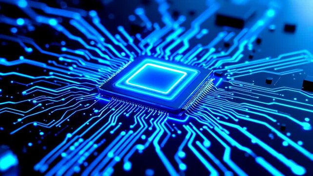 Digital microchip circuit board with glowing blue connections. Computer processor technology concept. Modern electronics innovation visualization. Abstract tech background with copy space