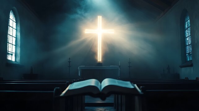 Bible opened with a glowing cross shining down on it in the interior of a dim church