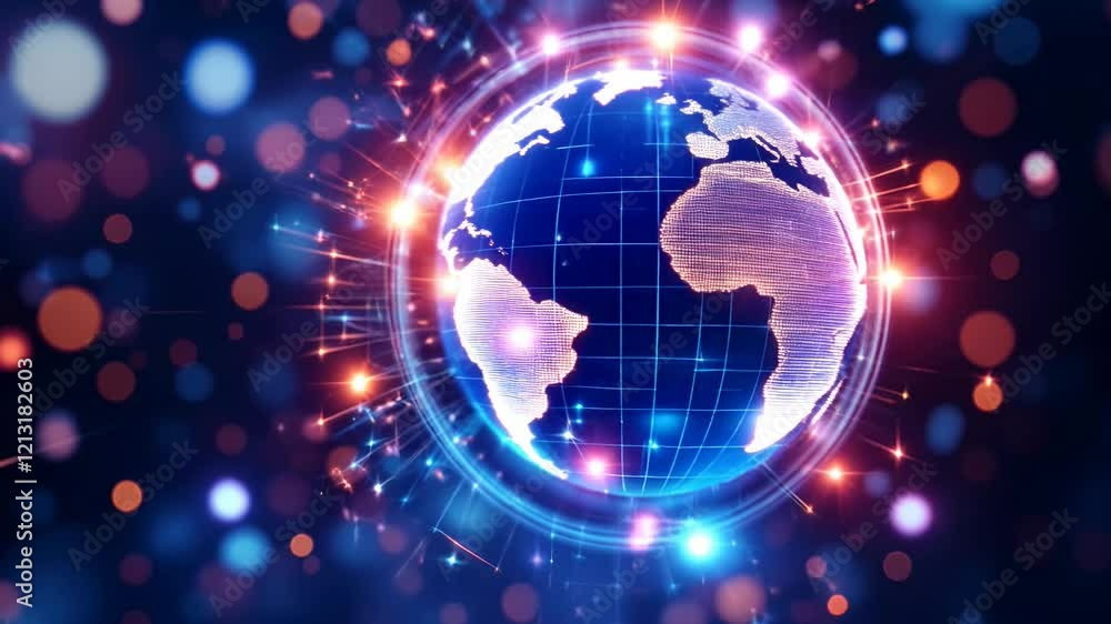 Poster digital earth globe with glowing network lines and light effects. futuristic world map animation wit