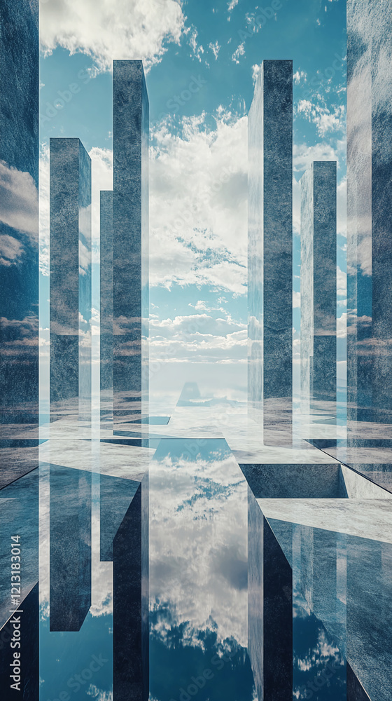 Poster abstract glass structures reflecting blue sky with clouds in futuristic design