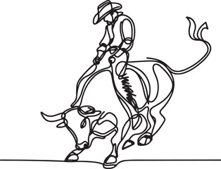 Epic Rodeo Moment. Line Drawing of Rider and Bucking Bull in Vector