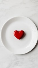 A close-up of a heart-shaped candy on a white plate with space for text.