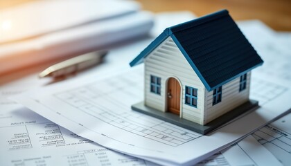 Model house on paperwork. Real estate documents, house model on table. Planning for new house. Agent reviews building plans. Concept of new home construction. Home purchase process. Transaction