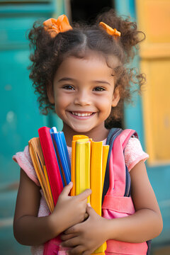 garota indo para escola feliz e alegre