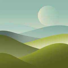 Obraz premium Vector illustration. Landscape with green hills under bright blue sky. Minimalist style with an emphasis on natural harmony.