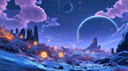 Fototapeta premium Dramatic and surreal futuristic cosmic landscape with glowing rocks and moons in a night sky filled with stars planets and ethereal atmospheric elements