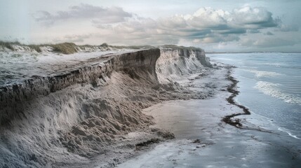 Obraz premium Coastal erosion dramatically reshaping sandy cliffs and beach.