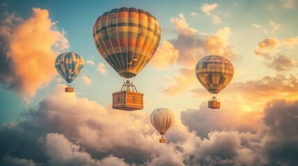 Fototapeta premium Colorful hot air balloons soaring through sunset clouds.