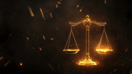 Glowing golden scales of justice with dark background and sparks.