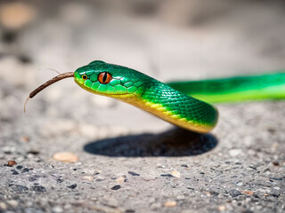 A dynamic image in creative light art a tiny emerald green snake with polished jade scales around a grey stone. Its tongue darts out. Sunlight dapples the ground - generated by ai