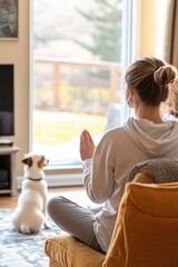Relaxation and mindfulness with indoor yoga and pet companion at home