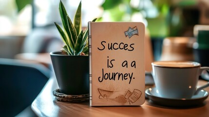 Wooden notebook with inspirational quote "Success is a journey," beside a coffee cup and plant on a table.