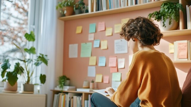 Creative workspace with colorful sticky notes and indoor plants for motivation and inspiration