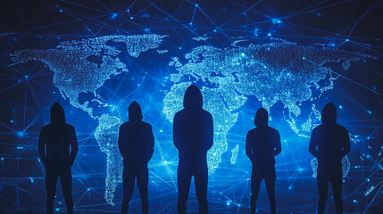 Obraz premium Hacker are planning to hack and attack networks and cyber security systems.team people innovation connection of line from nail node to node on map background , networking concept