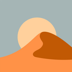 Vector illustration. Abstract landscape with the sun rising over the dunes. The use of warm, calm tones creates the atmosphere of a desert sunset.