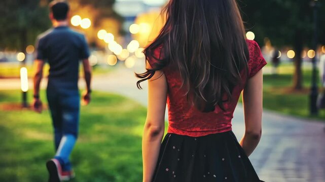 Couple walking in the park at dusk, moments of distance and longing captured in the twilight