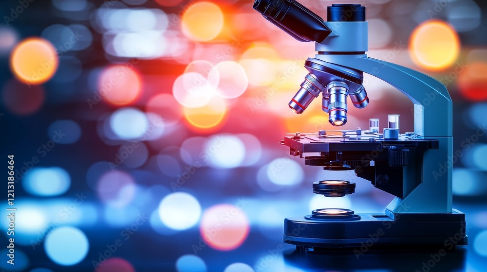 Poster scientific research with microscope, slides, and bokeh background featuring a clean area for text