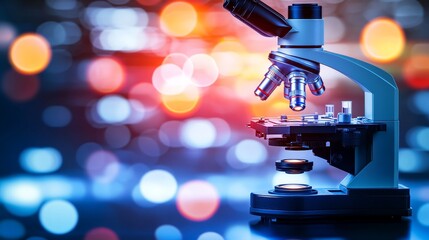 Scientific Research with Microscope, Slides, and Bokeh Background featuring a Clean Area for Text
